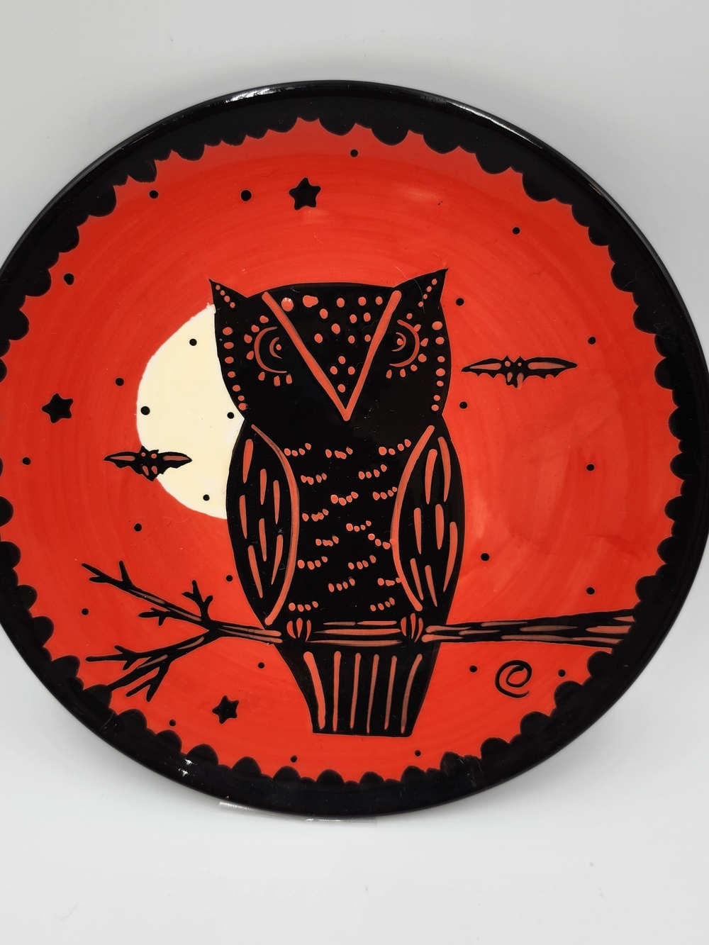 Sharon Bloom HandPainted Black Owl Orange Ceramic Plate Hang Wall Art Halloween